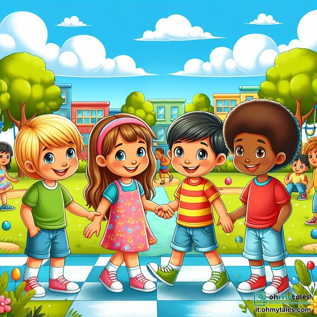 Illustrazione che rappresenta un cortile scolastico colorato, con alberi dalle foglie verdi vibranti e un cielo blu chiaro punteggiato di nuvole bianche. Al centro, un gruppo di quattro bambini si tiene insieme: una ragazza dai capelli castani e ricci, di circa 8 anni, sorridente e amichevole, che indossa un vestito rosa; un'altra ragazza, di origine asiatica, con capelli lunghi e lisci, di 8 anni, vestita con una maglietta gialla e pantaloni corti di jeans, che guarda con benevolenza; un ragazzo di origine africana, con capelli crespi e un sorriso timido, di 8 anni, che indossa una maglietta rossa e pantaloni blu; e infine, una ragazza dai capelli biondi, di 8 anni, con un vestito a fiori, che tende la mano verso il ragazzo, invitandolo a unirsi a loro. La scena principale mostra i bambini che giocano insieme, ridendo e divertendosi, simboleggiando amicizia e inclusione. Sullo sfondo, altri bambini giocano, creando un'atmosfera gioiosa e accogliente. Elementi grafici come palloni colorati e giochi da cortile arricchiscono l'atmosfera festosa, mentre un cartello sul muro della scuola espone un messaggio di tolleranza e rispetto.
