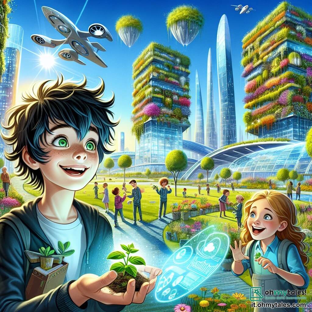 Illustrazione che rappresenta un parco futuristico nel cuore di una città luminosa, con edifici in vetro scintillante e giardini verticali colorati. Il cielo è di un blu brillante, punteggiato da veicoli volanti dalle forme eleganti. Al centro della scena, un ragazzo di undici anni con capelli neri arruffati e occhi verdi brillanti, sorridente, tiene in mano una piccola pianta. Accanto a lui, una ragazza della sua età, con lunghi capelli biondi e un sorriso radioso, osserva attentamente uno schermo olografico che fluttua davanti a loro, mostrando informazioni sulle piante. Sullo sfondo, altri bambini, un ragazzo con capelli ricci e una ragazza con capelli rossi, partecipano gioiosamente alla piantagione di fiori e erbe aromatiche, creando un'atmosfera di amicizia ed entusiasmo. Pannelli solari brillanti e dispositivi tecnologici innovativi sono integrati nel paesaggio, simboleggiando l'armonia tra natura e tecnologia.