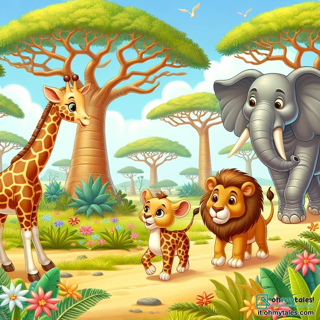 Une illustration destinée aux enfants représentant une jeune girafe curieuse à la recherche de son ami éléphant, accompagnée d'un sage lion, se déroulant dans une savane africaine luxuriante avec des baobabs majestueux et des fleurs colorées.