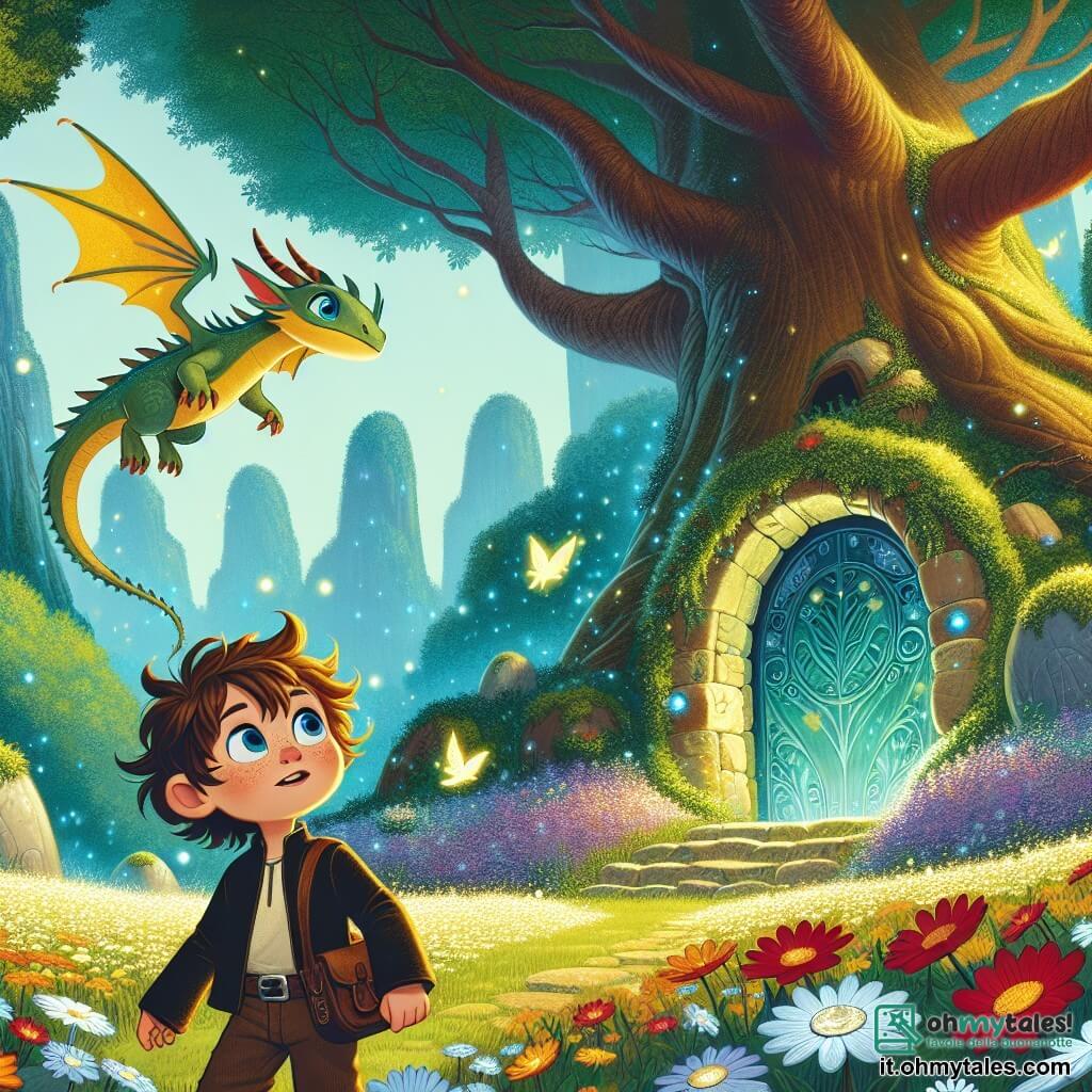 Une illustration sous forme de dessin destinée aux enfants représentant un vaste et mystérieux bosquet enchanté, avec des arbres géants aux feuilles brillantes, où un garçon de 7 ans, aux cheveux bruns en bataille et aux yeux pétillants de curiosité, se tient devant une porte magique incrustée dans un arbre, tandis qu'un petit dragon aux écailles dorées et aux yeux azurés, souriant et amical, vole autour de lui, tous deux prêts à vivre une grande aventure à la recherche de gemmes magiques, entourés de fleurs colorées qui semblent danser au rythme d'une douce mélodie.