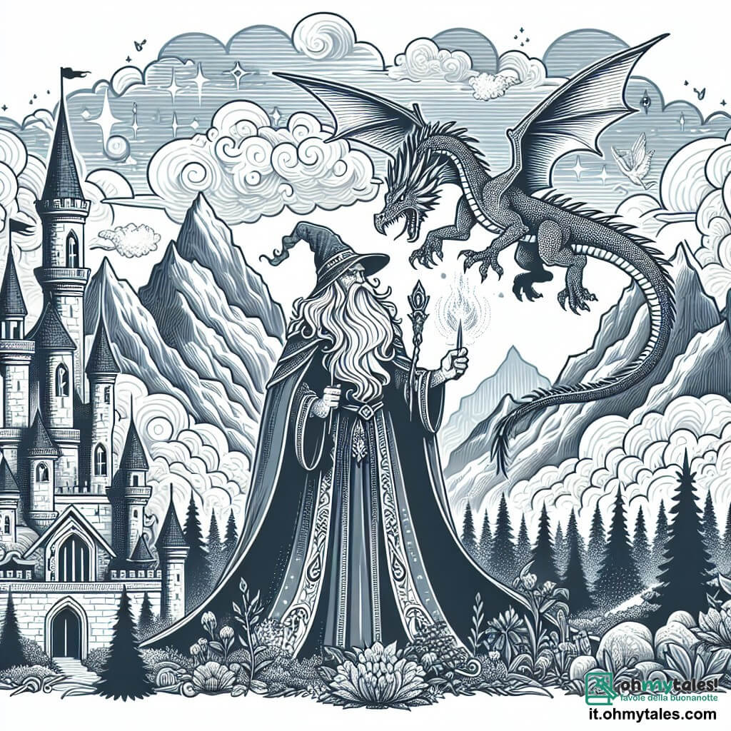 Une illustration destinée aux enfants représentant un sorcier puissant se tenant au sommet d'une tour magique entourée de nuages éthérés, avec un dragon majestueux planant à ses côtés, dans un royaume enchanté rempli de forêts mystérieuses et de montagnes escarpées.