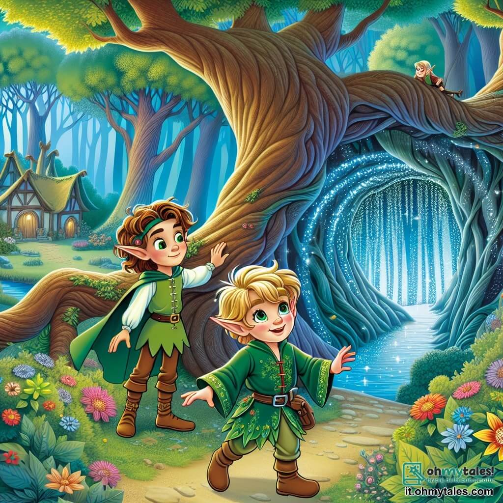 Une illustration sous forme de dessin destinée aux enfants représentant un village enchanté niché au cœur d'une forêt magique, avec des arbres majestueux aux feuilles scintillantes et des fleurs colorées, où un jeune lutin aux cheveux dorés et aux yeux verts, vêtu d'une tunique faite de feuilles, explore avec curiosité un grand arbre séculaire, tandis que sa meilleure amie, une lutine aux cheveux bleus et aux vêtements de pétales de fleurs, l'encourage avec un sourire, alors qu'ils se préparent à entrer dans un mystérieux couloir lumineux à la recherche d'un trésor magique, symbolisant leur amitié et leur courage face à l'inconnu.