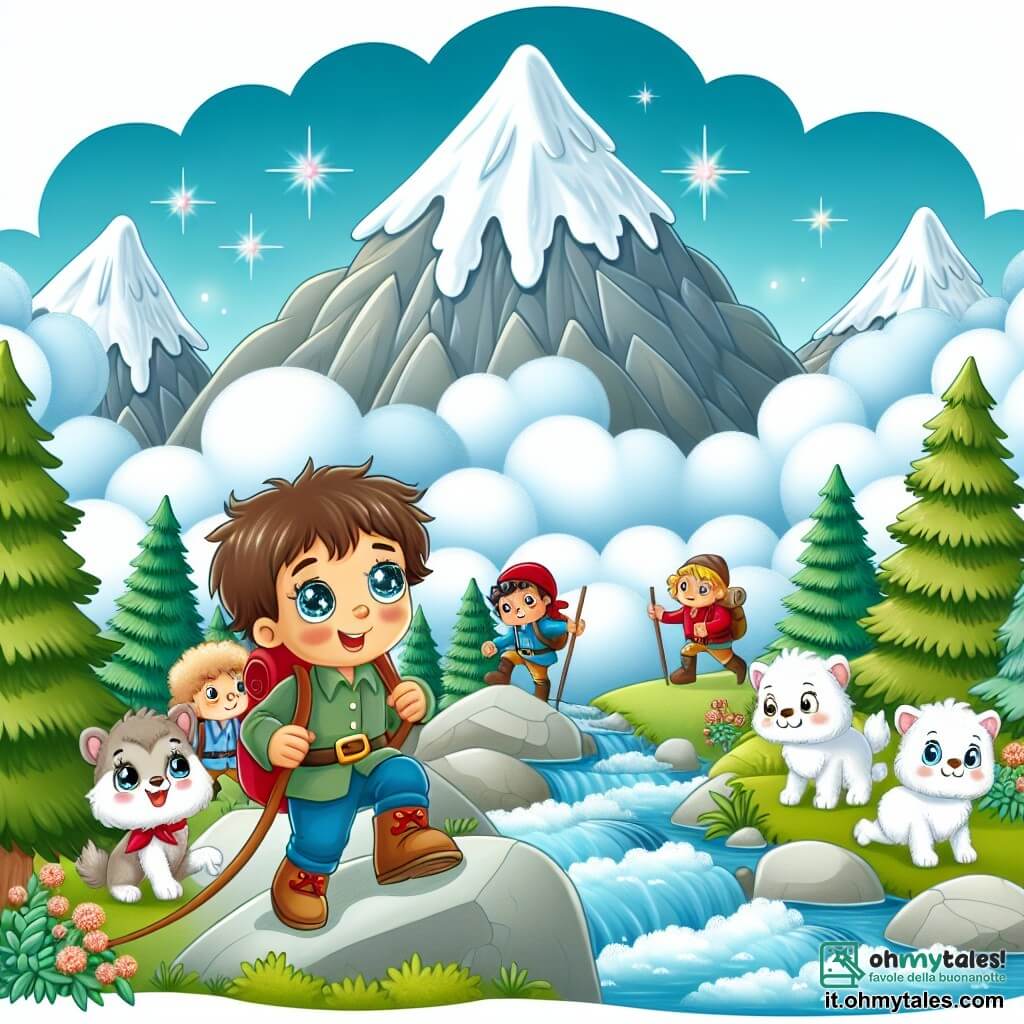 Une illustration destinée aux enfants représentant un petit garçon aux yeux brillants d'aventure, accompagné de ses amis, se lançant dans l'ascension d'une montagne enneigée et mystérieuse, le Mont Argento, avec des arbres touffus et des rivières tumultueuses entourant le paysage.