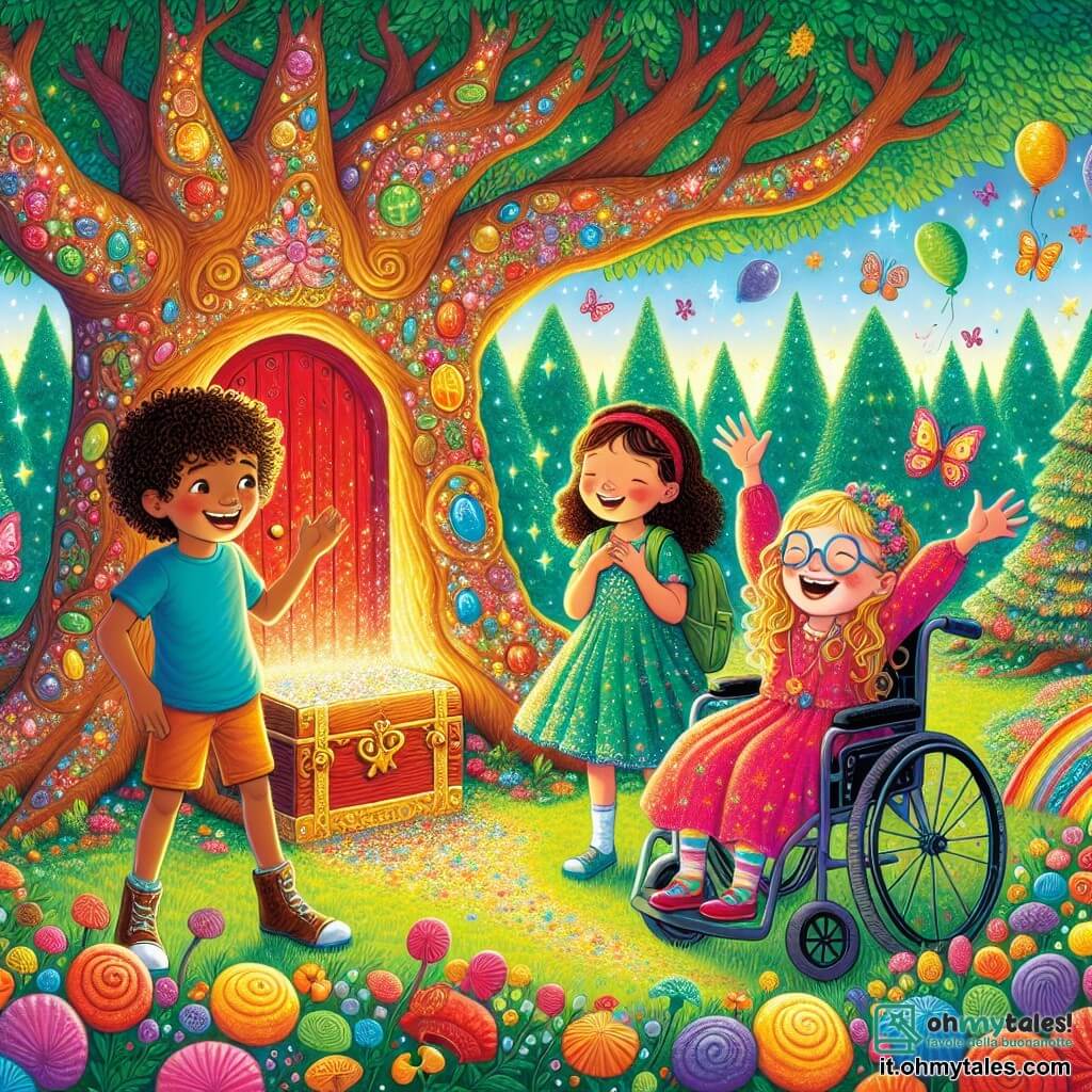 Illustrazione che rappresenta una scena incantata in una foresta magica. Gli alberi sono alti e maestosi, le loro foglie brillano come gioielli sotto un sole splendente, mentre fiori colorati punteggiano il terreno verde. Al centro, un grande albero con una misteriosa porta rossa attira l'attenzione. Tre bambini si trovano davanti all'albero: un ragazzo di circa 8 anni con capelli ricci e un grande sorriso, vestito con una maglietta blu e pantaloni corti. Accanto a lui, una ragazza di circa 7 anni, con un vestito rosa brillante e occhi pieni di curiosità. Infine, un ragazzo di circa 9 anni, seduto su una sedia a rotelle colorata, con occhiali e un sorriso gioioso, agita le mani con entusiasmo. I bambini ridono insieme, i loro volti illuminati dall'eccitazione, mentre scoprono un grande scrigno dorato ai piedi dell'albero. Caramelle colorate e palloni fluttuanti escono dallo scrigno aperto, creando un'atmosfera di gioia e magia. Farfalle giganti volano intorno a loro, aggiungendo un tocco fiabesco a questa scena di avventura e amicizia.