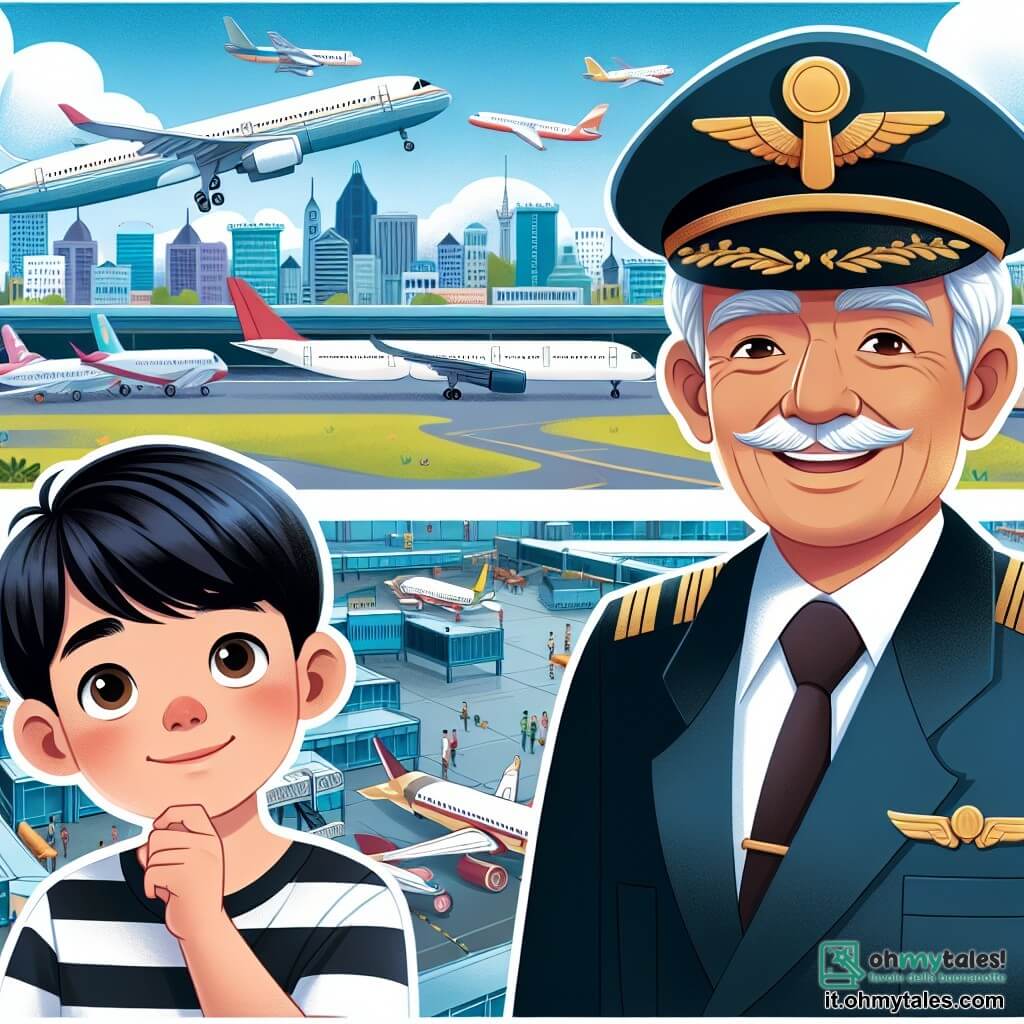 Une illustration destinée aux enfants représentant un jeune garçon rêveur, un vieux pilote bienveillant, un aéroport animé entouré de pistes d'atterrissage et d'avions colorés.