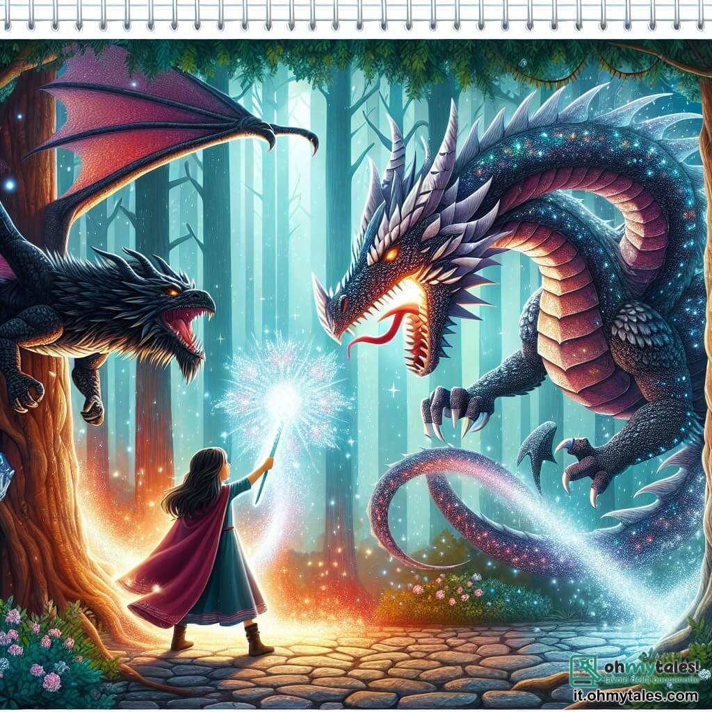 Une illustration destinée aux enfants représentant un dragon majestueux aux écailles scintillantes affrontant un dragon noir terrifiant, avec une jeune fille courageuse à ses côtés, dans une forêt enchantée éclairée par la lumière d'une gemme magique.