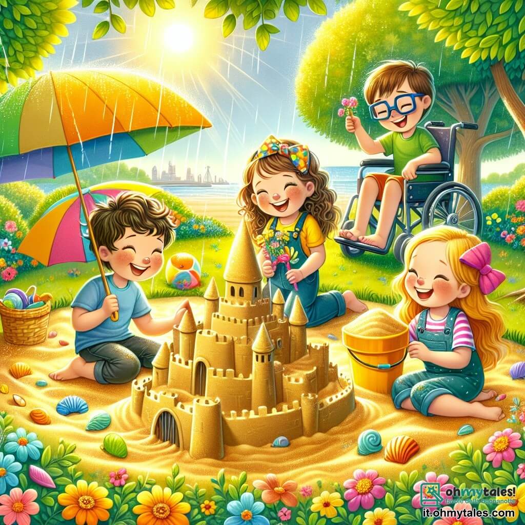 Illustrazione di un parco soleggiato con alberi verdi, fiori colorati e un grande sandbox dorato. Al centro dell'immagine, un gruppo di quattro amici è riunito attorno a un magnifico castello di sabbia. C'è un ragazzo di circa 8 anni con capelli ricci e un grande sorriso, che tiene un secchiello giallo. Accanto a lui, una ragazza di 7 anni con capelli lunghi e un bel fiocco colorato, che mostra orgogliosamente uno striscione fatto di conchiglie. Un altro ragazzo di 9 anni, con occhiali e capelli arruffati, è seduto su un tronco d'albero, ridendo mentre tiene un bastone decorato con fiori. Infine, una ragazza di 8 anni, su una sedia a rotelle, sorride mentre tiene dei fiori che ha raccolto. La scena cattura il momento in cui lavorano insieme per costruire un castello di sabbia, circondati da risate e gioia, mentre si proteggono dalla pioggia imminente con asciugamani colorati. Iniziano a cadere gocce di pioggia, ma il sole splende ancora, creando un'atmosfera gioiosa e amichevole.