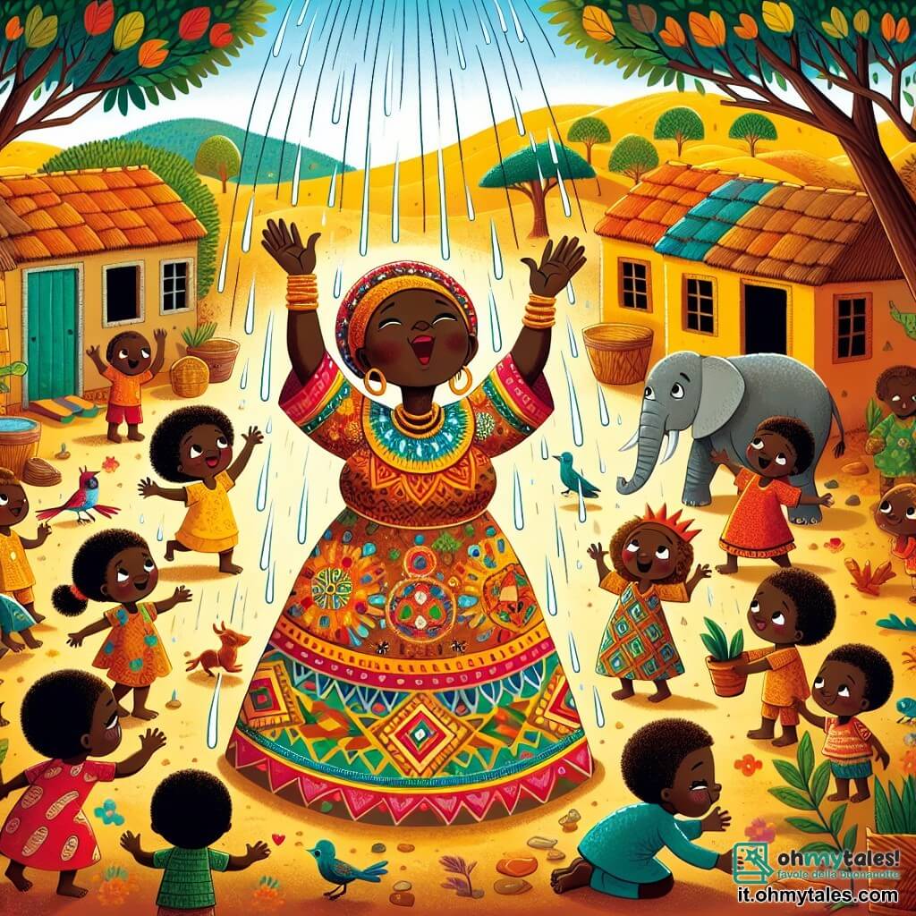 Une illustration sous forme de dessin destinée aux enfants représentant un village africain coloré avec des maisons en terre cuite et des arbres majestueux, où une femme sage au visage chaleureux, portant une robe vibrante ornée de motifs traditionnels, se tient au centre, levant les bras vers le ciel en implorant la pluie, entourée d'enfants joyeux aux yeux pétillants, jouant et dansant autour d'elle, tandis que des animaux curieux, comme un éléphant et des oiseaux colorés, s'approchent pour écouter, capturant l'espoir et la magie d'un moment où la nature répond à l'amour et à la communauté.