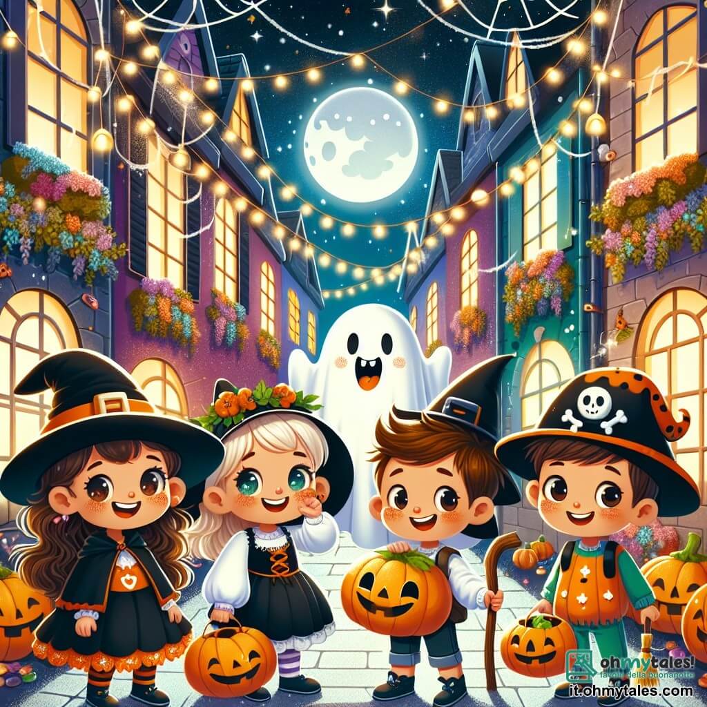 Illustrazione che rappresenta una strada animata decorata per Halloween, con case dai colori vivaci adornate di zucche sorridenti, ragnatele bianche e luci decorative. Al centro della scena, un gruppo di quattro bambini si tiene gioiosamente. Una ragazza dai capelli ricci e castani, di circa 8 anni, indossa un costume da strega nero con un cappello a punta e una scopa di legno. Accanto a lei, un ragazzo biondo di circa 7 anni è travestito da piccolo fantasma con un lenzuolo bianco e occhi ritagliati. Un'altra ragazza, di 9 anni, indossa un costume da zucca sorridente, con una corona di foglie verdi in testa, e tiene una piccola scatola di legno. Infine, un ragazzo dai capelli castani, di 8 anni, è vestito da pirata con un cappello di piume e una spada di plastica. Ridono e si meravigliano davanti a un piccolo fantasma che fluttua, illuminato da una dolce luce lunare. Stelle scintillanti sono visibili nel cielo notturno e caramelle colorate sono sparse intorno a loro, aggiungendo un tocco di magia a questa scena festosa.