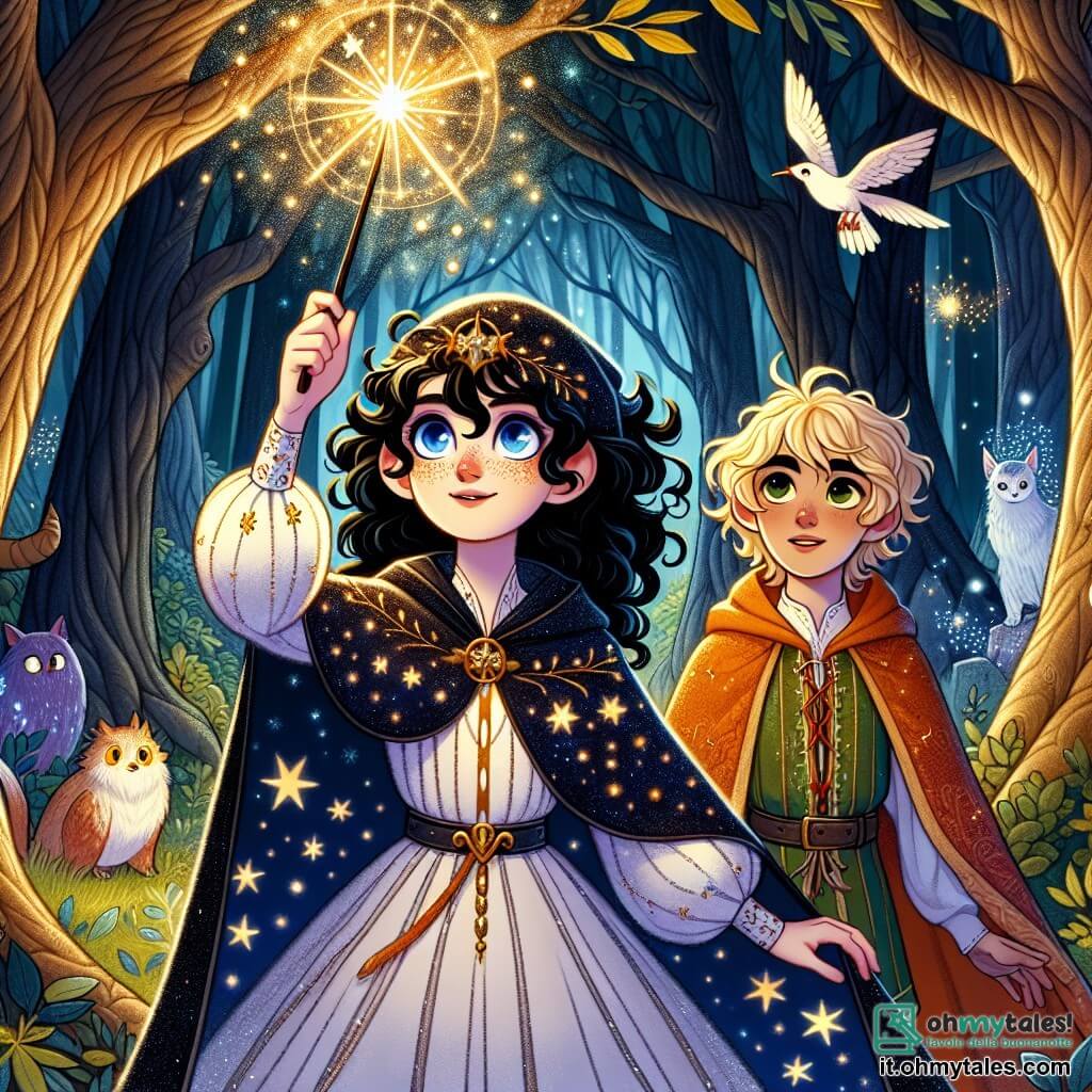 Une illustration sous forme de dessin destinée aux enfants représentant une scène magique au cœur de la forêt enchantée d'Eldoria, où une jeune sorcière aux cheveux bouclés et noirs comme l'encre, vêtue d'une robe étoilée, lève sa baguette magique pour invoquer un éclat de lumière dorée, tandis qu'un garçon aux cheveux blonds et aux yeux pétillants, vêtu d'une tunique colorée, observe avec émerveillement à ses côtés, tous deux entourés d'arbres majestueux aux feuilles scintillantes et de créatures fantastiques, alors qu'ils s'apprêtent à affronter une ombre menaçante qui plane au-dessus d'eux.