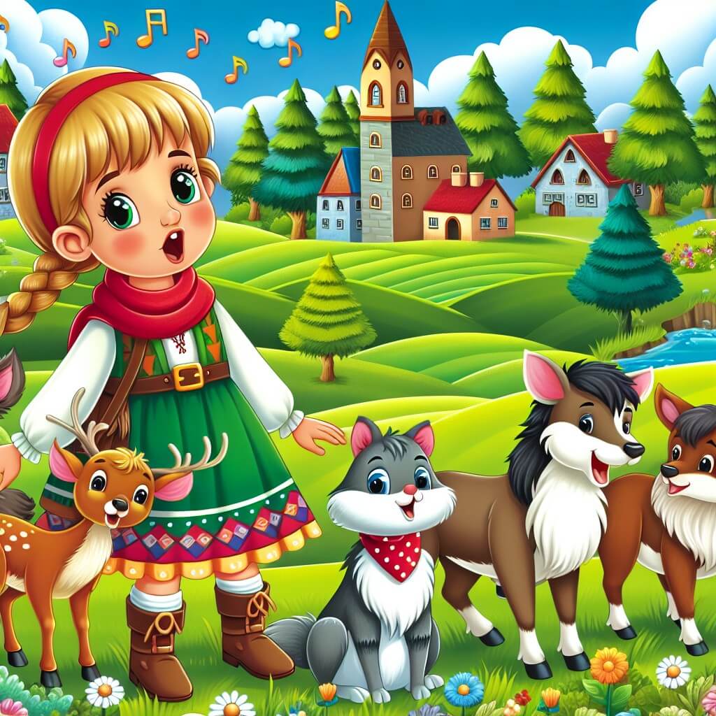 Une illustration destinée aux enfants représentant une petite fille curieuse et avide d'aventure, accompagnée d'animaux chantants, dans un village coloré entouré de champs verdoyants et d'arbres majestueux.