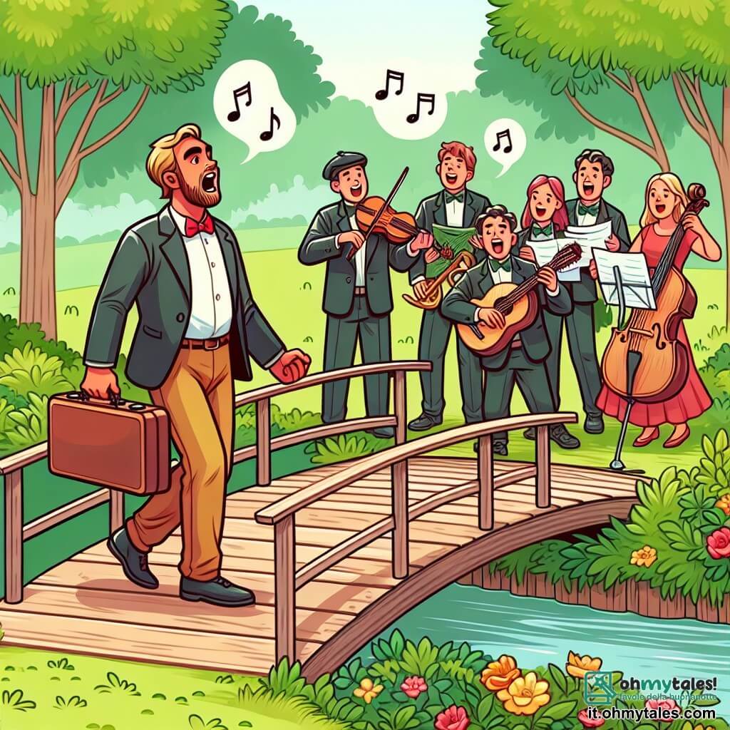 Une illustration destinée aux enfants représentant un homme passionné de musique, se tenant sur un petit pont en bois au milieu d'un parc verdoyant, où il découvre un groupe de musiciens joyeux et talentueux qui jouent et chantent ensemble.
