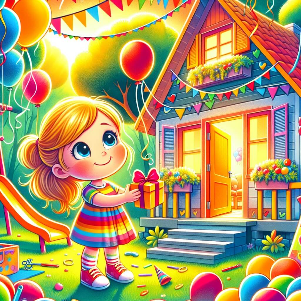 Une illustration destinée aux enfants représentant une petite fille rayonnante et curieuse, dans une maison colorée remplie de ballons et de guirlandes, qui organise une fête surprise pour ses parents tristes, dans un jardin ensoleillé avec des balançoires et des toboggans.