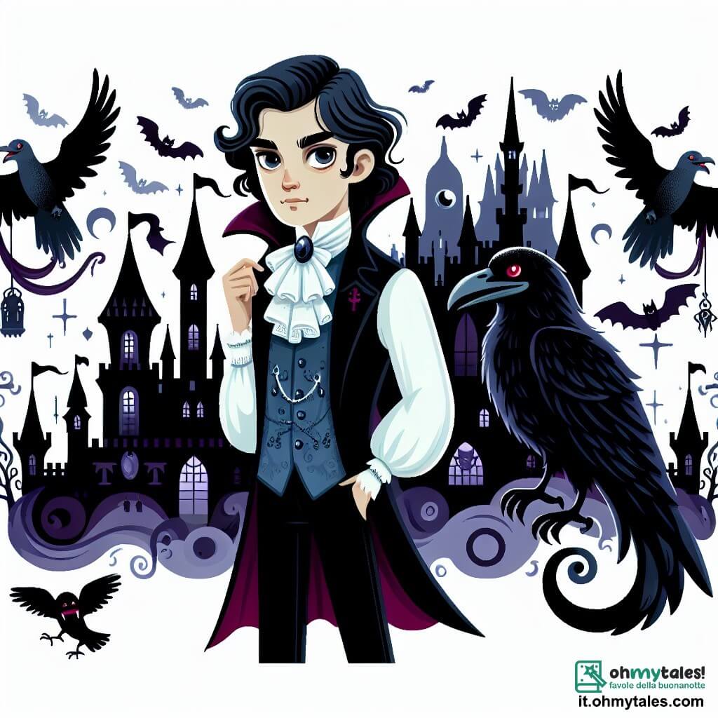 Une illustration destinée aux enfants représentant un vampire élégant et mystérieux, se tenant devant un imposant château hanté, accompagné d'un corbeau noir aux yeux perçants, dans un royaume obscur et envoûtant peuplé de créatures fantastiques.