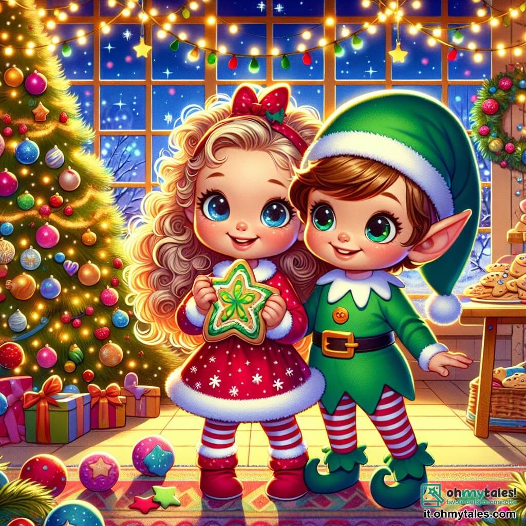 Une illustration sous forme de dessin destinée aux enfants représentant une salle de classe festive décorée pour Noël, avec des guirlandes lumineuses et un grand sapin rempli de décorations colorées ; au centre, une petite fille de 1 an aux cheveux bouclés et aux yeux pétillants, souriante, tenant un grand biscuit en forme d'étoile, tandis qu'à ses côtés se trouve un petit elfe aux oreilles pointues et au costume vert, qui a l'air malicieux en tenant un autre biscuit, le tout dans une ambiance joyeuse et chaleureuse, illustrant le moment où ils découvrent ensemble que les biscuits de Noël ont disparu.