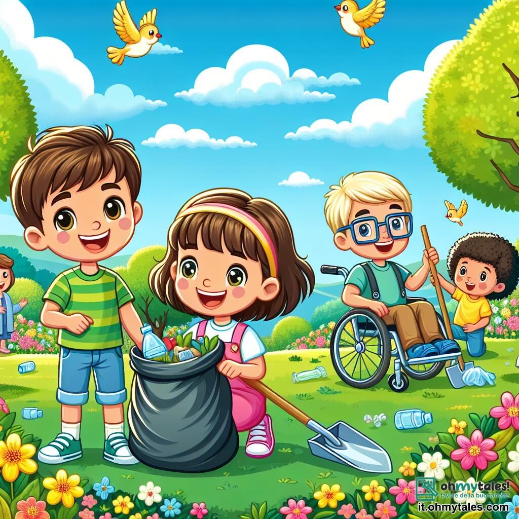 Illustrazione che rappresenta un parco soleggiato in primavera, pieno di fiori colorati e alberi verdi. Il cielo è di un blu brillante, punteggiato da alcune nuvole bianche e soffici. In primo piano, un gruppo di tre bambini è in piena azione: un ragazzo di sei anni con capelli castani e occhi scintillanti, indossa una maglietta verde e solleva un sacco di rifiuti con un grande sorriso. Accanto a lui, una ragazza di sei anni con capelli ricci e un vestito rosa si inginocchia per raccogliere una bottiglia di plastica, mostrando un'espressione determinata. Infine, un ragazzo di sei anni in sedia a rotelle, con occhiali e una maglietta blu, tiene una pala e aiuta a piantare fiori nel terreno, irradiando gioia. Sullo sfondo, i genitori osservano con orgoglio e gli uccelli volano sopra gli alberi, aggiungendo un tocco di vita a questa scena di aiuto e protezione della natura.