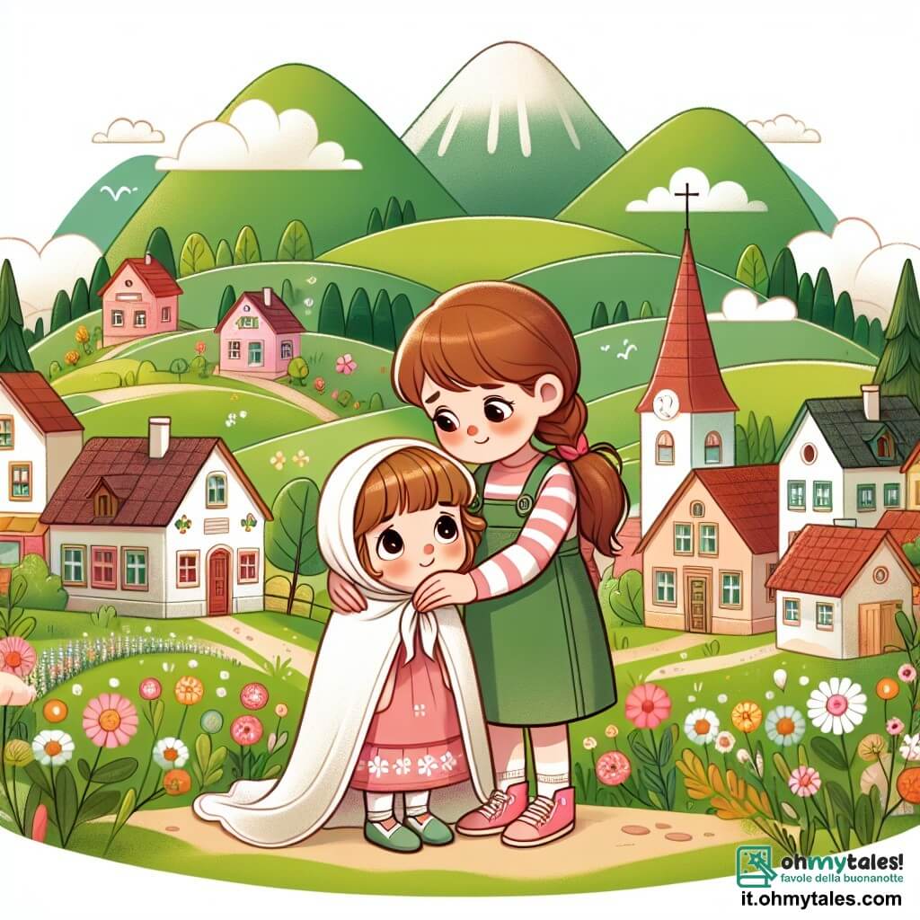 Une illustration destinée aux enfants représentant une fille courageuse affrontant une maladie avec l'aide de sa maman aimante, dans une petite ville entourée de collines verdoyantes et de champs fleuris.
