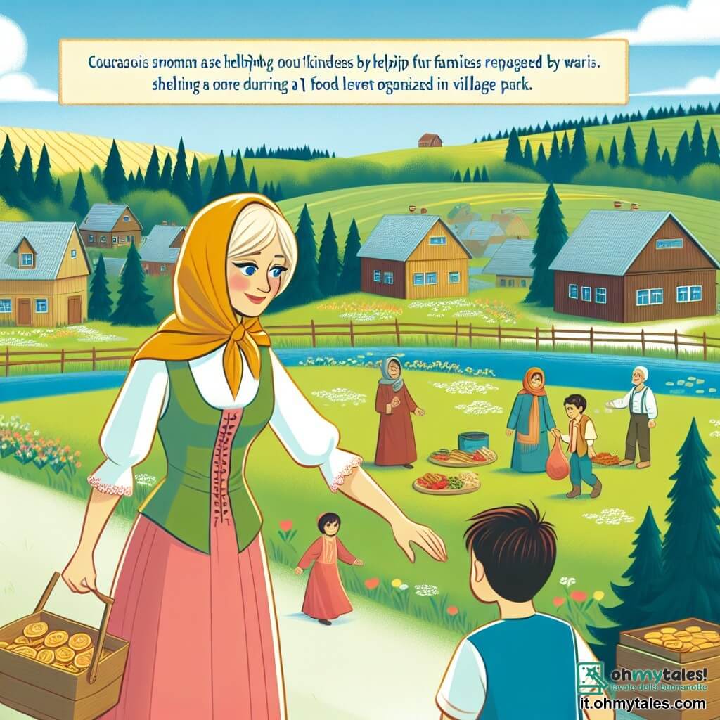 Une illustration destinée aux enfants représentant une femme courageuse dans un village paisible entouré de prairies verdoyantes, qui fait preuve de gentillesse en aidant les familles déplacées par la guerre, avec l'aide d'un jeune réfugié, dans le cadre d'une collecte de vivres organisée dans un parc du village.