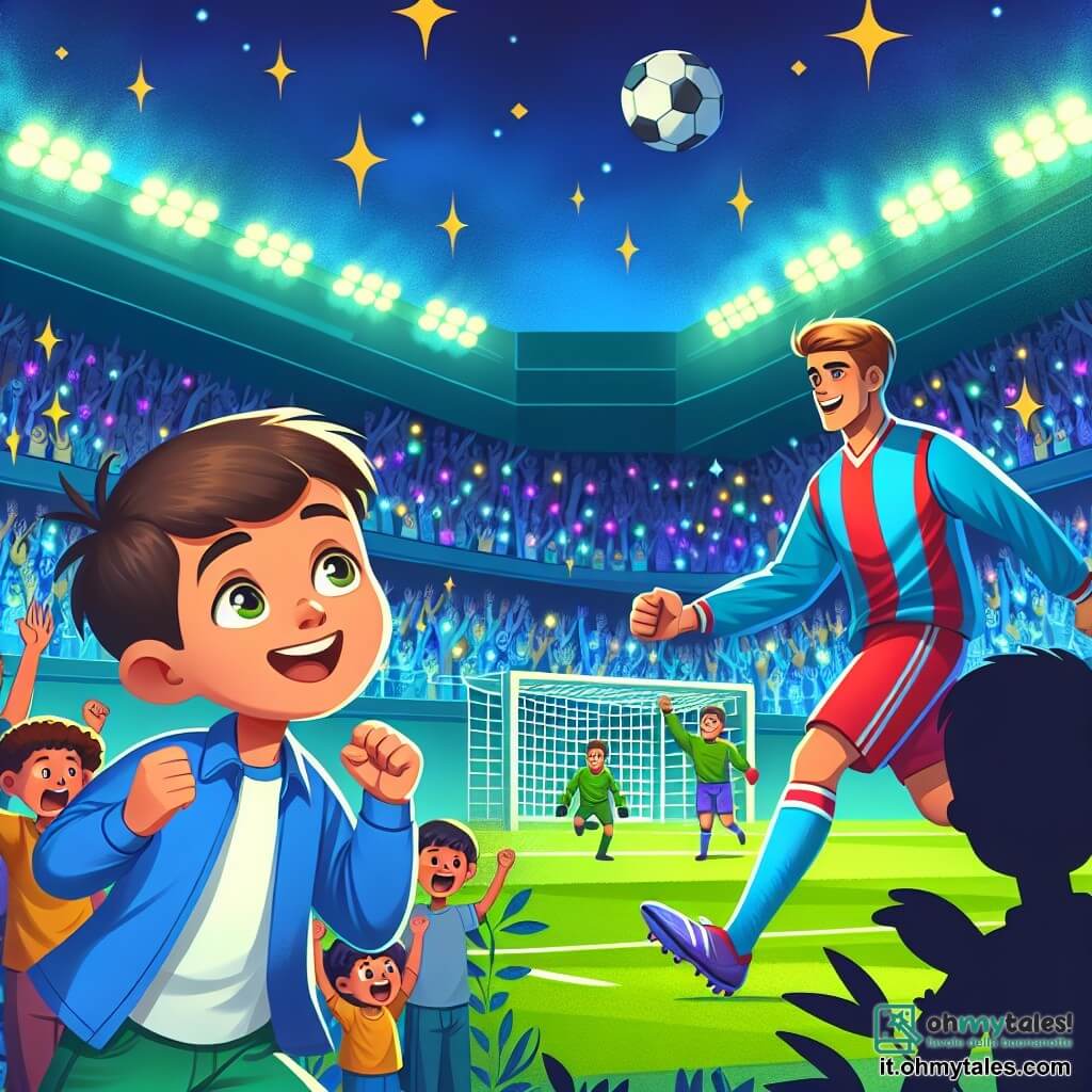 Une illustration destinée aux enfants représentant un jeune homme passionné de football qui rencontre un joueur professionnel lors d'une partie dans un stade coloré rempli de supporters en liesse.