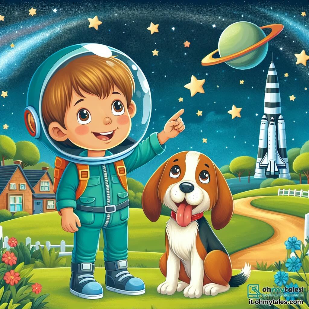 Une illustration destinée aux enfants représentant un jeune garçon rêveur, aspirant à devenir astronaute, accompagné de son fidèle ami, un chien joyeux et curieux, observant les étoiles depuis un petit village entouré de champs verdoyants et d'un grand centre spatial illuminé.