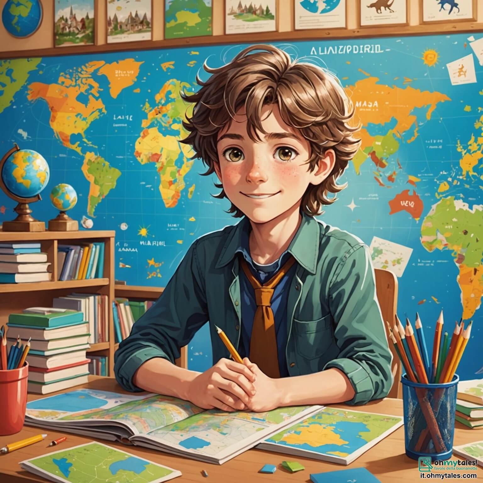 Une illustration destinée aux enfants représentant un garçon aux yeux pétillants et aux cheveux ébouriffés, assis à un bureau en bois dans une salle de classe colorée, entouré de murs ornés de dessins d'animaux et de cartes du monde, tandis qu'une gentille maîtresse de classe, avec un sourire chaleureux et des cheveux longs, explique avec passion les merveilles de la nature.