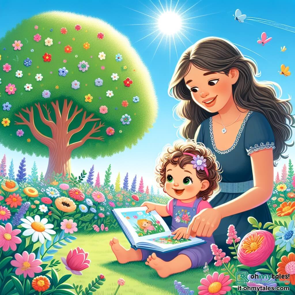Une illustration sous forme de dessin destinée aux enfants représentant un jardin en été, rempli de fleurs colorées et d'un grand arbre, avec une petite fille de 1 an aux cheveux bouclés et au sourire éclatant, assise sur l'herbe en train de feuilleter un livre illustré, tandis qu'une maman souriante, aux cheveux longs et bruns, la regarde avec tendresse, le soleil brillant dans un ciel bleu clair, créant une atmosphère joyeuse et magique de découverte et d'amour familial.
