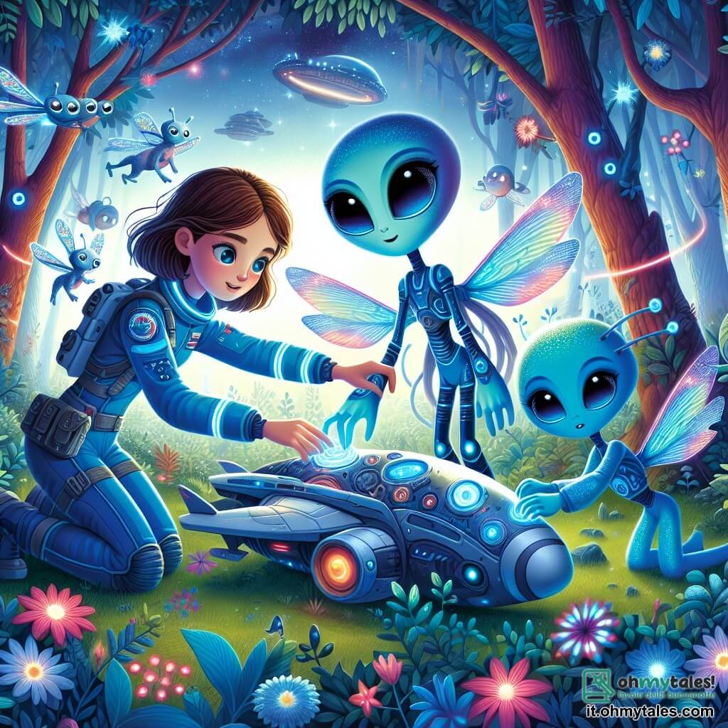 Une illustration sous forme de dessin destinée aux enfants représentant une forêt extraterrestre colorée sur le planète Elysium, où une jeune femme aux cheveux sombres et à la combinaison spatiale bleue, avec un regard déterminé, aide des aliens aux peaux iridescentes et aux yeux brillants, en train de réparer leur vaisseau spatial endommagé, tandis que des fleurs lumineuses et des créatures volantes ajoutent une touche magique à cette scène d'entraide et de découverte intergalactique.