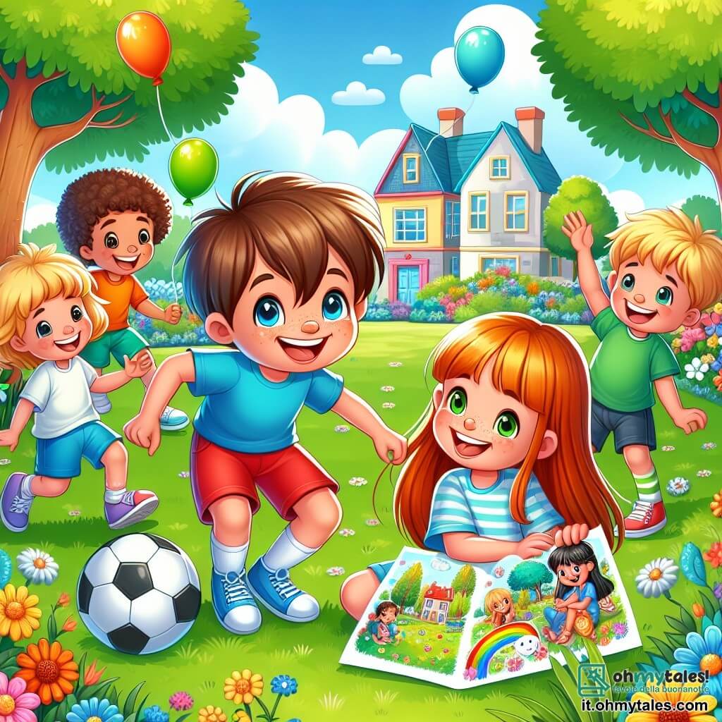 Illustrazione che rappresenta un parco soleggiato con alberi verdi e fiori colorati. Al centro, un gruppo di bambini gioca felice a calcio su un prato ben curato, circondato da risate e sorrisi. Un ragazzo di sei anni, con capelli castani e occhi brillanti, indossa una maglietta blu e pantaloni corti rossi, dribblando il pallone con entusiasmo. Accanto a lui, una ragazza della sua età, con capelli ricci e un sorriso radioso, è seduta sull'erba, tenendo un disegno colorato di due case, una con un giardino fiorito e l'altra con un grande albero. Dietro di loro, altri bambini, un ragazzo biondo e una ragazza dai capelli neri, li incoraggiano alzando le braccia. L'atmosfera è gioiosa e amichevole, illustrando il sostegno e l'amicizia tra i bambini nonostante le sfide della separazione dai genitori. Dei palloni fluttuano nel cielo blu, aggiungendo un tocco di magia a questa scena di cameratismo e accettazione.