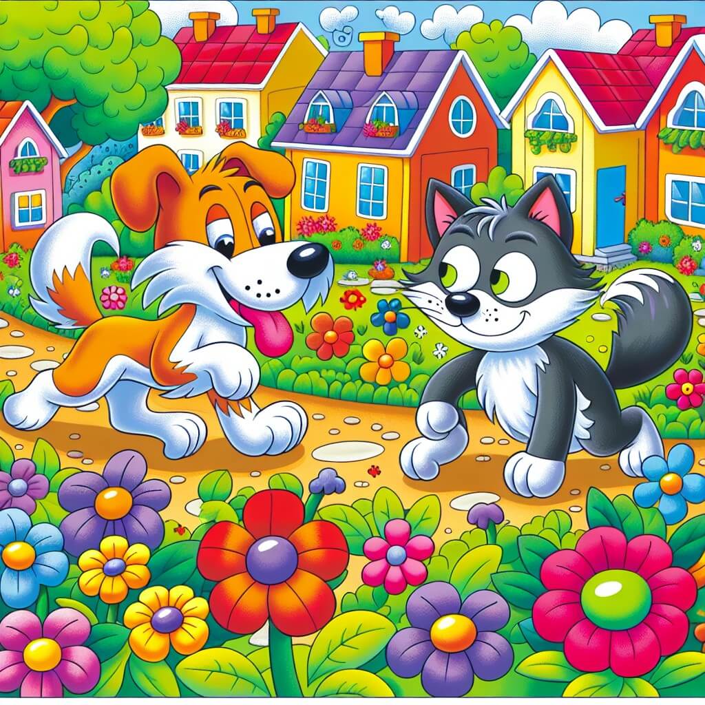 Une illustration destinée aux enfants représentant un chien malicieux et joueur se trouvant dans un parc coloré, accompagné d'un chat espiègle, dans une petite ville pleine de maisons colorées et de fleurs joyeuses, où ils vont vivre de folles aventures.