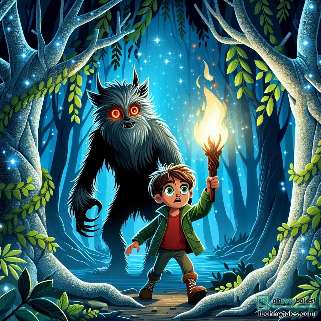 Une illustration sous forme de dessin destinée aux enfants représentant une forêt sombre et mystérieuse, avec des arbres aux troncs tordus et des feuilles brillantes sous la lumière de la lune, au centre un garçon de 9 ans aux cheveux bruns en désordre et aux yeux pétillants, tenant une torche qui éclaire son visage déterminé, tandis qu'une grande créature grise aux yeux rouges, semblable à un gardien, se tient à ses côtés, les deux personnages faisant face à des ombres menaçantes qui s'approchent d'eux, symbolisant le courage et l'amitié dans un moment de tension.