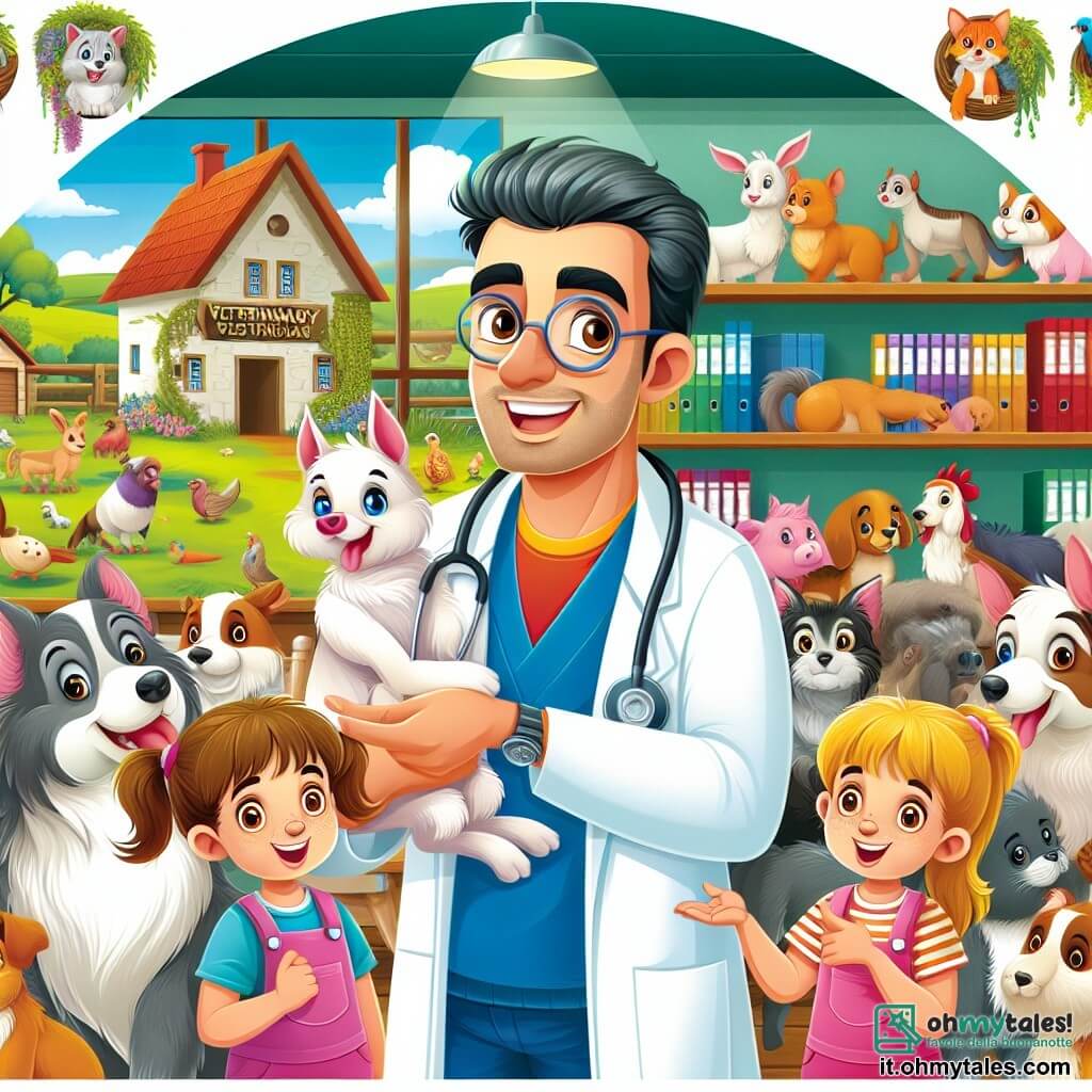 Une illustration destinée aux enfants représentant un vétérinaire passionné et bienveillant, entouré de nombreux animaux et d'enfants curieux, dans une clinique vétérinaire colorée et animée du petit village de Campettolandia.