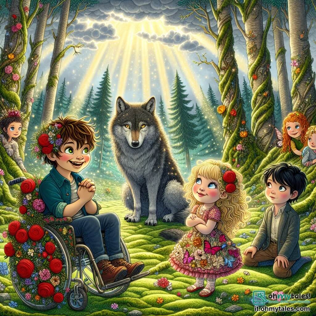 Illustrazione che rappresenta una scena magica in una foresta incantata, dove grandi alberi dai tronchi spessi e nodosi si ergono verso un cielo blu punteggiato di nuvole bianche. Raggi di sole filtrano tra le foglie, creando macchie di luce dorata sul terreno coperto di muschio verde. Al centro dell'immagine, un ragazzo di circa 8 anni, con capelli castani arruffati e un grande sorriso, è seduto in una sedia a rotelle decorata con fiori colorati. Accanto a lui, una ragazza di 7 anni, con capelli ricci e dorati, indossa un vestito rosa con motivi di farfalle. Lei guarda il ragazzo con occhi scintillanti di eccitazione. Un altro ragazzo, di 9 anni, con capelli neri e un'espressione curiosa, è in piedi con le braccia incrociate, pronto ad ascoltare. La scena principale mostra questi tre bambini di fronte a un grande lupo dal pelo grigio, che si trova davanti a loro con un'espressione triste e occhi brillanti. Il lupo, sebbene grande e imponente, emana un'aura di dolcezza. I bambini sembrano determinati e coraggiosi, pronti ad aiutare il lupo a spezzare l'incantesimo che lo colpisce. Sullo sfondo, fiori colorati e creature magiche, come fate e uccelli, aggiungono un tocco di magia alla scena, mentre un sentiero tortuoso conduce verso il cuore della foresta, simboleggiando l'avventura che li attende.