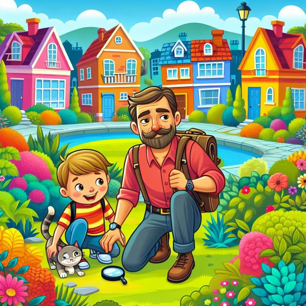 Une illustration destinée aux enfants représentant un homme courageux et déterminé, résolvant un mystère de chats disparus avec l'aide d'un jeune garçon, dans un quartier pittoresque rempli de maisons colorées et de jardins fleuris.