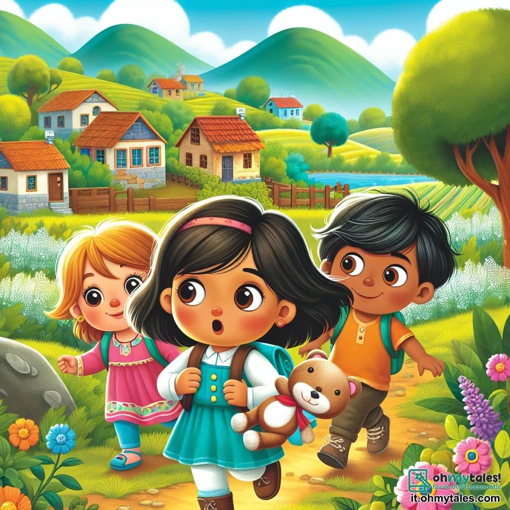 Une illustration destinée aux enfants représentant une petite fille intrépide et curieuse se lançant dans une enquête pour retrouver son peluche disparu, accompagnée de ses amis, un garçon courageux et une fille astucieuse, dans un pittoresque village entouré de collines verdoyantes et de champs fleuris.
