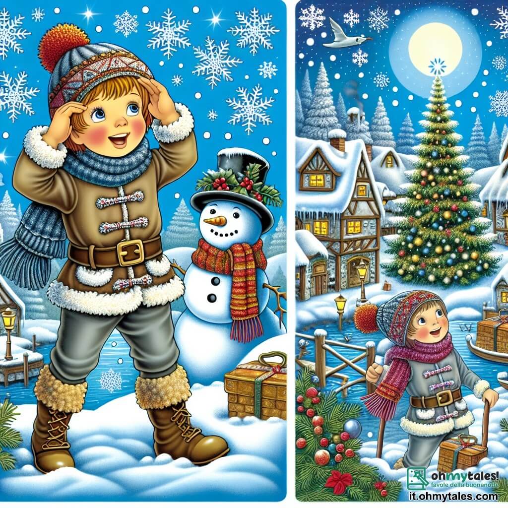 Une illustration destinée aux enfants représentant un jeune garçon, plein d'enthousiasme, qui cherche désespérément son cadeau de Noël disparu, accompagné d'un adorable pupazzo de neve vivant, dans un paysage hivernal enchanté avec un grand arbre de Noël scintillant au centre de la place principale du village.