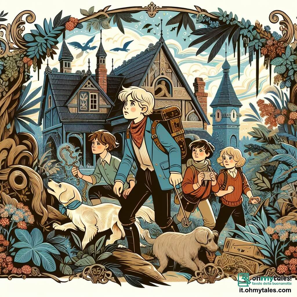 Une illustration destinée aux enfants représentant un jeune garçon intrépide, accompagné de ses fidèles amis, explorant un village abandonné envahi par la nature, à la recherche d'une mystérieuse créature magique.