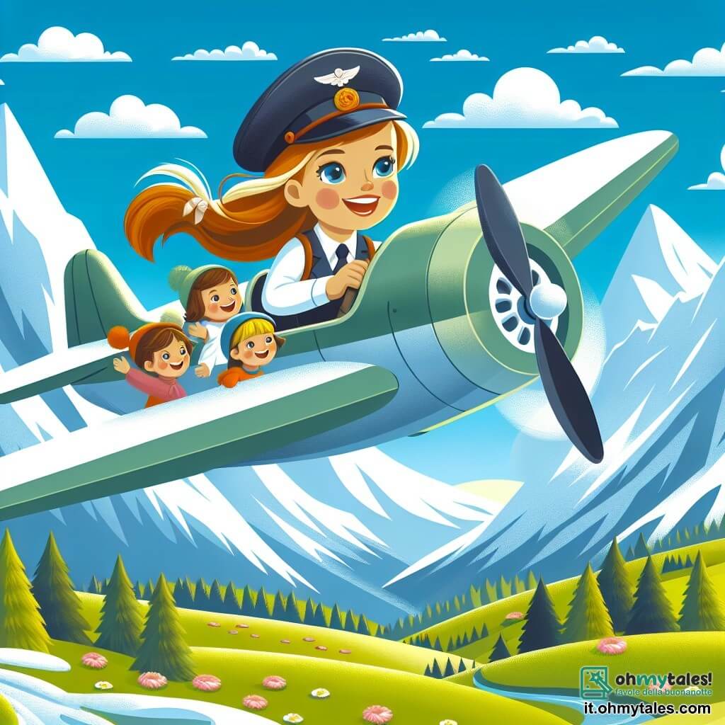 Une illustration destinée aux enfants représentant une jeune pilote de avion, courageuse et déterminée, volant avec des enfants joyeux à bord, survolant des montagnes enneigées et des champs verdoyants, dans un ciel bleu azur.