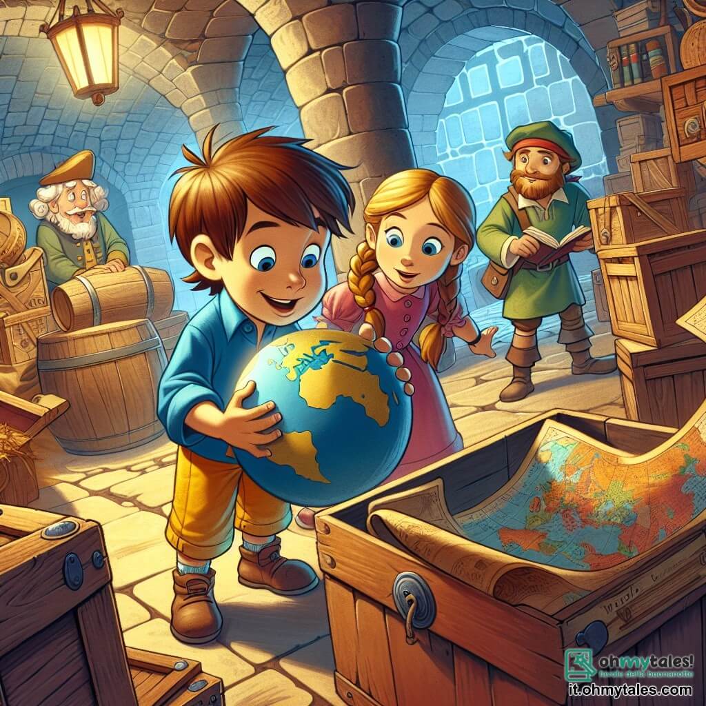 Une illustration sous forme de dessin destinée aux enfants représentant un sous-sol mystérieux rempli de vieilles boîtes et d'une grande mappemonde, où un garçon de 5 ans aux cheveux bruns et aux yeux pétillants, vêtu d'un t-shirt bleu et d'un short jaune, examine avec curiosité une carte ancienne, tandis que deux de ses amis, une fille aux cheveux blonds en tresse portant une robe rose et un garçon aux cheveux châtains avec un t-shirt vert, l'observent avec émerveillement, tous trois prêts à partir à l'aventure vers la "Valle delle Meraviglie".