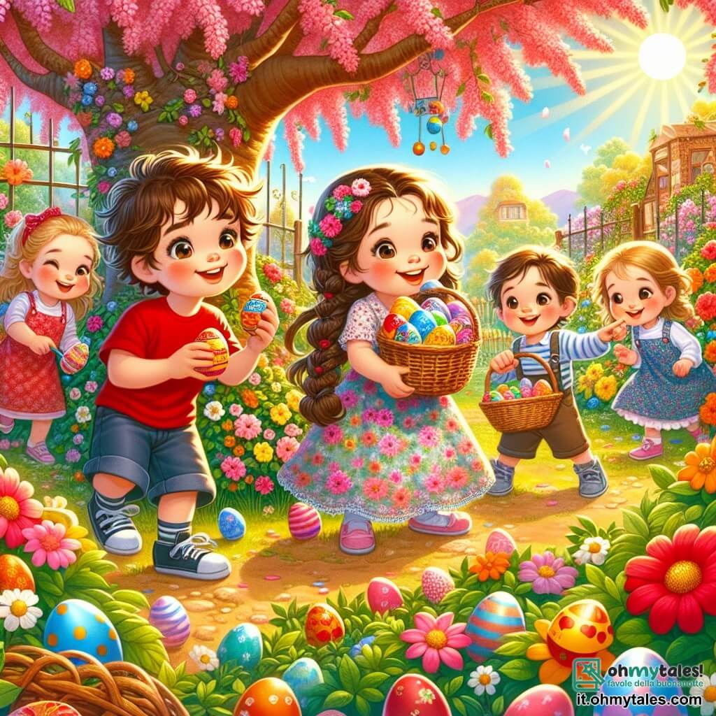 Illustrazione che rappresenta un giardino soleggiato, pieno di fiori colorati e alberi in fiore. Al centro, un grande albero di ciliegio con rami carichi di fiori rosa, crea un'atmosfera gioiosa e primaverile. Quattro bambini, due ragazzi e due ragazze, sono impegnati in attività. Un ragazzo di 5 anni, con capelli castani disordinati e una maglietta rossa, è accovacciato, tiene un uovo decorato con colori vivaci, gli occhi brillanti di eccitazione. Accanto a lui, una ragazza di 5 anni, con lunghi capelli biondi intrecciati e un vestito a fiori, sorride tenendo un pennello e una tavolozza di colori. Un altro ragazzo di 5 anni, con occhiali e capelli castani, è in piedi, punta verso un uovo nascosto sotto un cespuglio, mentre una ragazza di 5 anni, con capelli ricci e una salopette blu, si avvicina con un cesto di vimini pieno di uova colorate. La scena cattura lo spirito della caccia alle uova di Pasqua, con uova decorate sparse attorno a loro, raggi di sole che filtrano tra le foglie e un'atmosfera di gioia e amicizia palpabile.