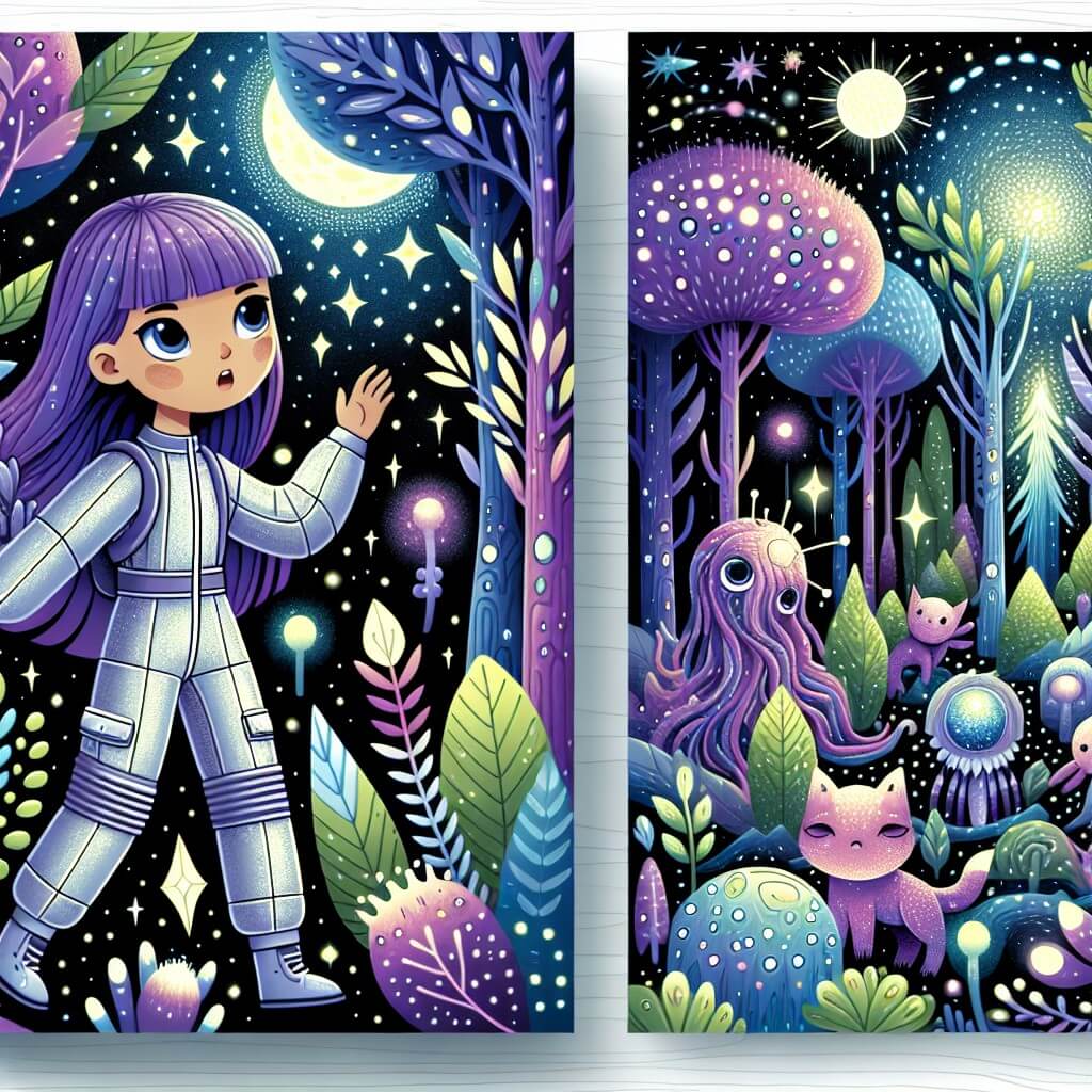 Une illustration destinée aux enfants représentant une jeune fille aux cheveux violets, vêtue d'une combinaison argentée, explorant un monde fantastique rempli de créatures lumineuses et de plantes phosphorescentes dans une forêt enchantée située au cœur d'une galaxie scintillante.