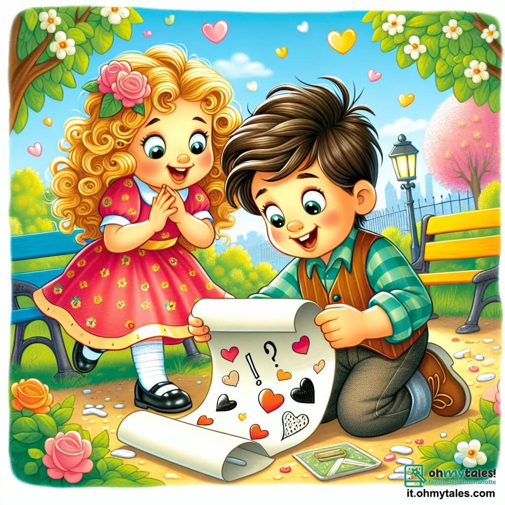 Une illustration destinée aux enfants représentant un garçon curieux découvrant un mystérieux billet d'amour, accompagné de sa meilleure amie, une fille joyeuse aux cheveux bouclés, dans un parc ensoleillé aux arbres en fleurs et aux bancs colorés.
