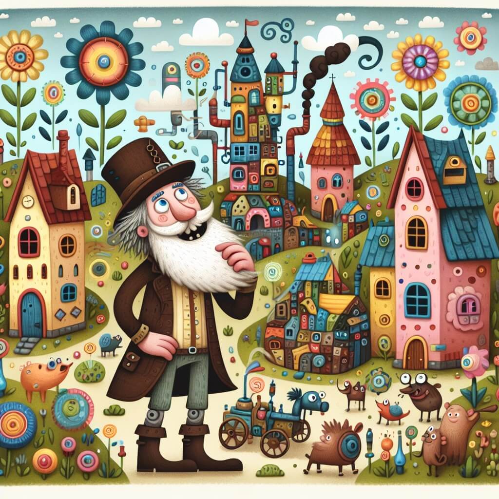 Une illustration destinée aux enfants représentant un inventeur excentrique à la barbe touffue, qui découvre les conséquences hilarantes de son invention dans un village fantastique rempli de maisons colorées, de fleurs géantes et d'animaux parlants.
