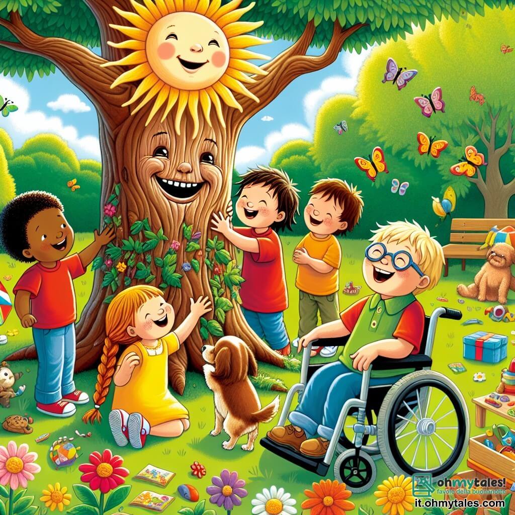 Illustrazione che rappresenta un parco soleggiato, pieno di fiori colorati e alberi con foglie verdi brillanti. Al centro, un grande albero con un tronco nodoso, con un volto sorridente scolpito nella corteccia, attira l'attenzione dei bambini. Un ragazzo di circa 8 anni, con capelli castani disordinati e una maglietta rossa, guarda l'albero con occhi scintillanti di curiosità. Accanto a lui, una ragazza di 7 anni, con capelli biondi intrecciati, indossa un vestito giallo e fa delle smorfie per divertire un piccolo cane ai loro piedi. Un altro ragazzo, di circa 9 anni, con occhiali e un sorriso malizioso, tiene un aquilone colorato, mentre un ragazzo in sedia a rotelle, di circa 8 anni, ride gioiosamente tenendo un libro di fiabe. La scena mostra i bambini che ridono insieme, circondati da giocattoli e dolci, mentre scoprono un tesoro nascosto nel parco. Farfalle colorate volano intorno a loro, aggiungendo un tocco di magia all'atmosfera gioiosa e ludica di questo momento di amicizia e avventura.