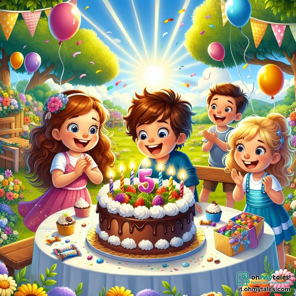 Illustrazione che rappresenta una scena gioiosa in un giardino soleggiato, pieno di fiori colorati e grandi alberi verdi. Al centro, un grande tavolo decorato con palloncini multicolori e una magnifica torta al cioccolato ricoperta di panna montata, circondato dalle risate dei bambini. C'è un ragazzo di cinque anni, con i capelli castani arruffati e un grande sorriso, che soffia sulle candeline a forma di stella sulla torta. Accanto a lui, una ragazza di cinque anni, con i capelli biondi intrecciati e un vestito rosa, applaude con entusiasmo. Un altro ragazzo, con i capelli castani e una maglietta blu, tiene un piccolo pacchetto di caramelle, gli occhi brillanti di eccitazione. La scena cattura l'istante magico in cui gli amici cantano "Buon Compleanno", circondati da coriandoli che fluttuano nell'aria. Palloncini galleggiano sopra di loro, e i raggi di sole illuminano il momento, creando un'atmosfera di festa e felicità condivisa.