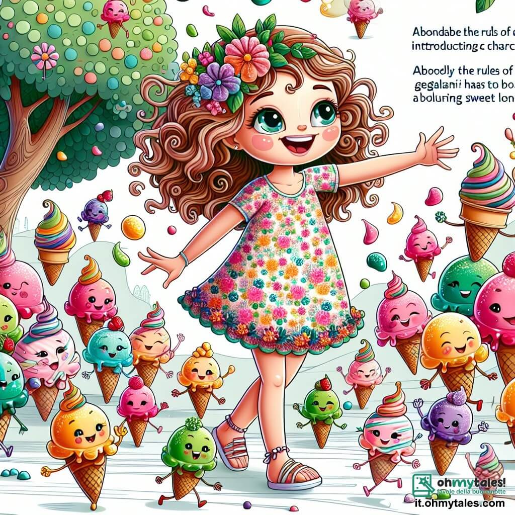 Une illustration sous forme de dessin destinée aux enfants représentant une scène colorée et loufoque dans une jungle de gelato, où une fille de 11 ans aux cheveux bouclés et aux yeux pétillants, vêtue d'une robe à motifs de fleurs, danse joyeusement au milieu d'arbres en forme de cônes de glace, tandis qu'un groupe de petits Gelatini ronds et souriants, aux couleurs vives et aux visages expressifs, l'entoure en sautant et en riant, créant une tempête de gelato qui tombe comme de la pluie sucrée, remplissant l'air de magie et de rires.