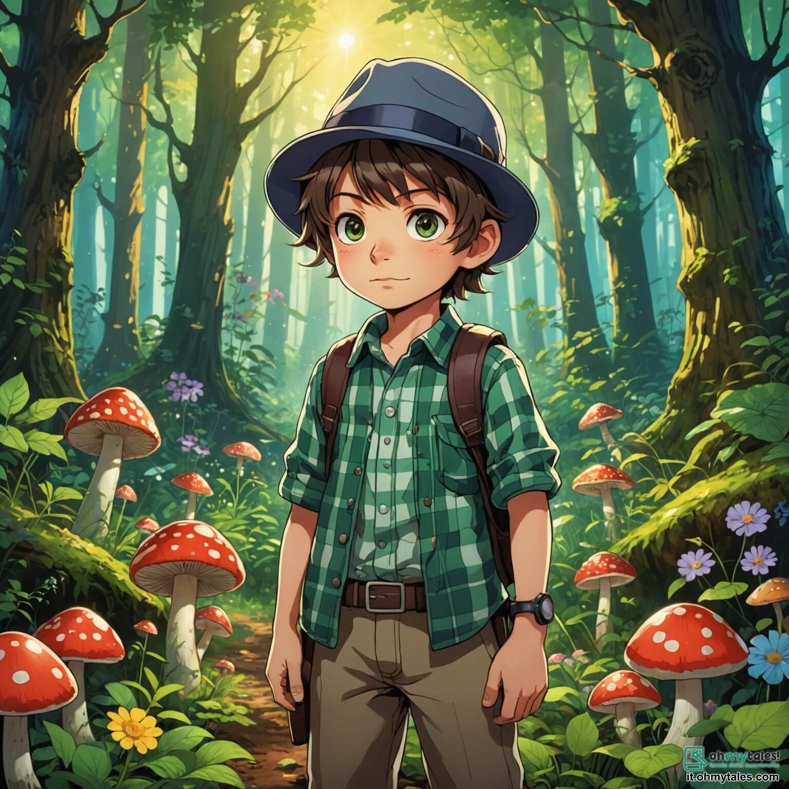 Une illustration destinée aux enfants représentant un petit garçon aux cheveux ébouriffés, vêtu d'une chemise à carreaux et d'un chapeau de détective, qui se tient avec un air déterminé au milieu d'une forêt enchantée, où les rayons du soleil filtrent à travers les feuilles vertes, illuminant des fleurs colorées et des champignons aux formes étranges, tandis qu'une petite fille aux couettes, curieuse et pleine d'énergie, l'observe avec des yeux pétillants, prête à l'aider à résoudre le mystère d'une balle disparue.