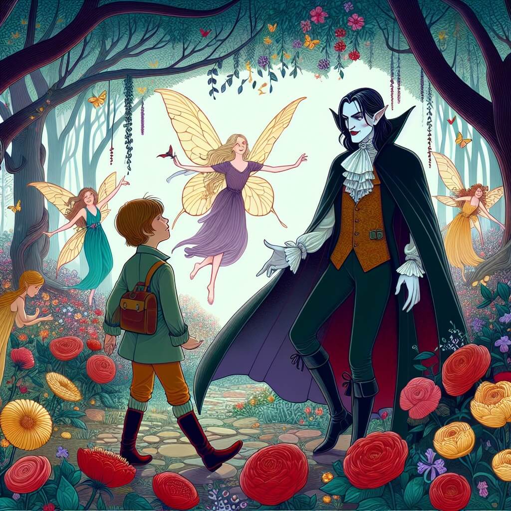Une illustration destinée aux enfants représentant un vampire élégant et mystérieux, qui rencontre un jeune explorateur dans un bosquet enchanté rempli de fleurs colorées, tandis que des fées dansent gracieusement autour d'eux.