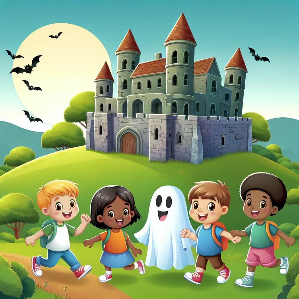 Une illustration destinée aux enfants représentant un fantôme curieux qui explore un ancien château abandonné, accompagné de trois enfants joyeux, dans un décor de colline verdoyante où le soleil se couche doucement à l'horizon.