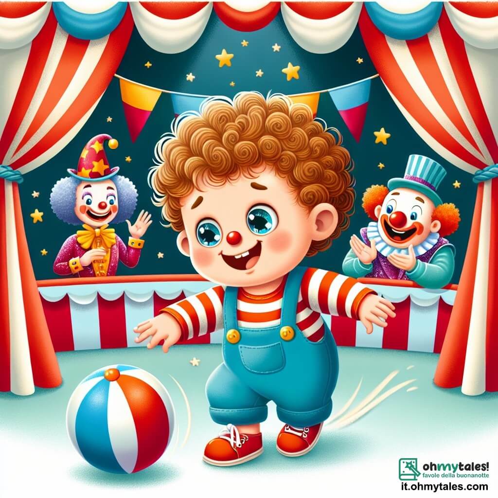 Une illustration sous forme de dessin destinée aux enfants représentant un cirque coloré avec des tentes rayées rouges et blanches, où un garçon de 1 an aux cheveux bouclés et aux yeux pétillants, vêtu d'une salopette bleue, essaie de lancer un petit ballon en l'air avec un grand sourire, tandis qu'un clown joyeux avec un nez rouge et des chaussures énormes rit en arrière-plan, et un jongleur en costume scintillant applaudit, créant une ambiance de joie et d'émerveillement.