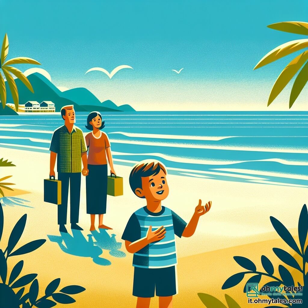Une illustration destinée aux enfants représentant un petit garçon émerveillé par la découverte du vaste océan, accompagné de ses parents, sur une plage de sable fin bordée de palmiers sous un ciel bleu azur.
